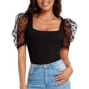 imageVerdusa Womens Sheer Dobby Mesh Puff Sleeve Square Neck TopBlack