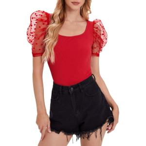 imageVerdusa Womens Sheer Dobby Mesh Puff Sleeve Square Neck TopRed