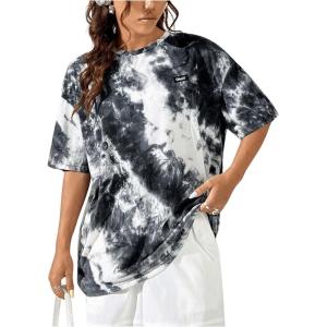 imageVerdusa Womens Tie Dye Summer Tees Half Sleeve Drop Shoulder T Shirt Oversized TopBlack and White