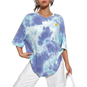 imageVerdusa Womens Tie Dye Summer Tees Half Sleeve Drop Shoulder T Shirt Oversized TopBlue and White