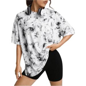 imageVerdusa Womens Tie Dye Summer Tees Half Sleeve Drop Shoulder T Shirt Oversized TopLight Black and White