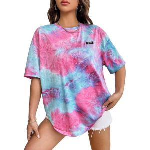 imageVerdusa Womens Tie Dye Summer Tees Half Sleeve Drop Shoulder T Shirt Oversized TopPink