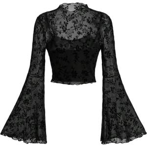 imageVerdusa Womens Y2K Long Sleeve Tops Goth Mesh Mock Neck Bell Sleeve Crop TopsBlack