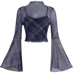 imageVerdusa Womens Y2K Long Sleeve Tops Goth Mesh Mock Neck Bell Sleeve Crop TopsBlue