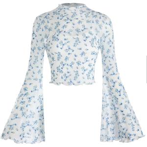 imageVerdusa Womens Y2K Long Sleeve Tops Goth Mesh Mock Neck Bell Sleeve Crop TopsBlue and White