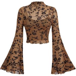 imageVerdusa Womens Y2K Long Sleeve Tops Goth Mesh Mock Neck Bell Sleeve Crop TopsBrown
