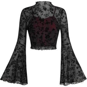 imageVerdusa Womens Y2K Long Sleeve Tops Goth Mesh Mock Neck Bell Sleeve Crop TopsBurgundy