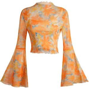 imageVerdusa Womens Y2K Long Sleeve Tops Goth Mesh Mock Neck Bell Sleeve Crop TopsCoral Orange