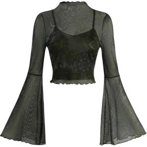 imageVerdusa Womens Y2K Long Sleeve Tops Goth Mesh Mock Neck Bell Sleeve Crop TopsDark Green