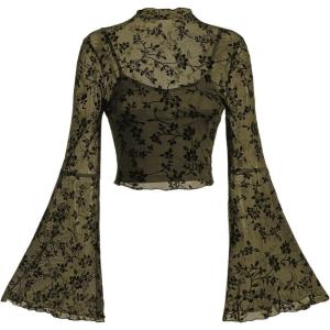 imageVerdusa Womens Y2K Long Sleeve Tops Goth Mesh Mock Neck Bell Sleeve Crop TopsGreen