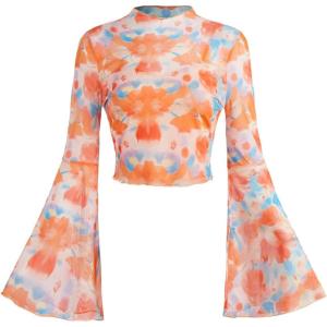 imageVerdusa Womens Y2K Long Sleeve Tops Goth Mesh Mock Neck Bell Sleeve Crop TopsOrange Blue