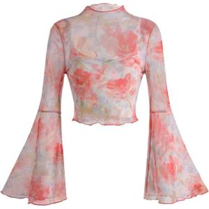 imageVerdusa Womens Y2K Long Sleeve Tops Goth Mesh Mock Neck Bell Sleeve Crop TopsPink