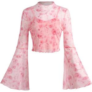 imageVerdusa Womens Y2K Long Sleeve Tops Goth Mesh Mock Neck Bell Sleeve Crop TopsPink Floral