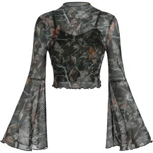 imageVerdusa Womens Y2K Long Sleeve Tops Goth Mesh Mock Neck Bell Sleeve Crop TopsPlant Green