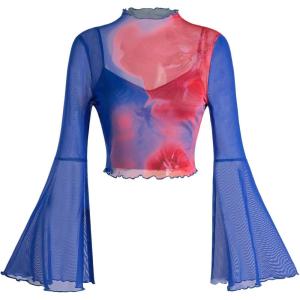 imageVerdusa Womens Y2K Long Sleeve Tops Goth Mesh Mock Neck Bell Sleeve Crop TopsRoyal Blue
