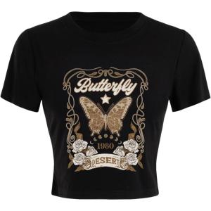 imageVerdusa Womens Y2K Tops Letter Print Short Sleeve Round Neck Tee T ShirtBlack Butterfly