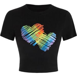 imageVerdusa Womens Y2K Tops Letter Print Short Sleeve Round Neck Tee T ShirtBlack Heart