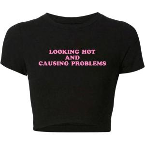 imageVerdusa Womens Y2K Tops Letter Print Short Sleeve Round Neck Tee T ShirtBlack Pink