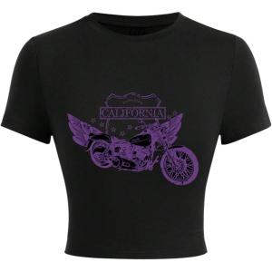 imageVerdusa Womens Y2K Tops Letter Print Short Sleeve Round Neck Tee T ShirtBlack Purple