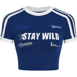imageVerdusa Womens Y2K Tops Letter Print Short Sleeve Round Neck Tee T ShirtBlue