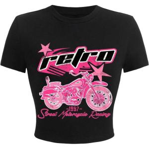 imageVerdusa Womens Y2K Tops Letter Print Short Sleeve Round Neck Tee T ShirtPink Black