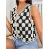 imageVerdusa Womens Button Front V Neck Sleeveless Crochet Plaid Checkered Knit Sweater VestBlack and Beige