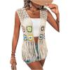 imageVerdusa Womens Floral Crochet Hollow Out Sleeveless Fringe Cardigan VestApricot