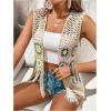 imageVerdusa Womens Floral Crochet Hollow Out Sleeveless Fringe Cardigan VestApricot