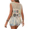 imageVerdusa Womens Floral Crochet Hollow Out Sleeveless Fringe Cardigan VestApricot