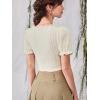 imageVerdusa Womens Knot Front Lace Trim Puff Sleeve V Neck Crop Tee Shirt TopBeige