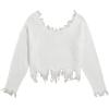 imageVerdusa Womens Ripped Scoop Neck Long Sleeve Frayed Knitted Pullover Crop Top SweatersWhite