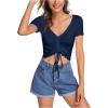 imageVerdusa Womens Ruched Drawstring Front V Neck Crop Tee TopDark Blue