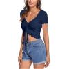 imageVerdusa Womens Ruched Drawstring Front V Neck Crop Tee TopDark Blue
