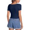imageVerdusa Womens Ruched Drawstring Front V Neck Crop Tee TopDark Blue