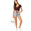 imageVerdusa Womens Ruched Drawstring Front V Neck Crop Tee TopMaroon