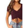 imageVerdusa Womens Ruched Drawstring Front V Neck Crop Tee TopMaroon