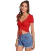 imageVerdusa Womens Ruched Drawstring Front V Neck Crop Tee TopSolid Red