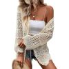 imageVerdusa Womens Tie Front Long Sleeve Hollow Out Sheer Kimono Cardigan Cover UpBeige