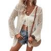 imageVerdusa Womens Tie Front Long Sleeve Hollow Out Sheer Kimono Cardigan Cover UpBeige