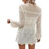 imageVerdusa Womens Tie Front Long Sleeve Hollow Out Sheer Kimono Cardigan Cover UpBeige
