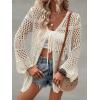 imageVerdusa Womens Tie Front Long Sleeve Hollow Out Sheer Kimono Cardigan Cover UpBeige