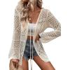 imageVerdusa Womens Tie Front Long Sleeve Hollow Out Sheer Kimono Cardigan Cover UpBeige