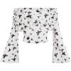 imageVerdusa Womens 70s Off The Shoulder Renaissance Tops Bell Flared Sleeve Floral Fairycore Mesh Crop TopsBlack and White
