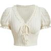 imageVerdusa Womens Knot Front Lace Trim Puff Sleeve V Neck Crop Tee Shirt TopBeige