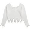 imageVerdusa Womens Ripped Scoop Neck Long Sleeve Frayed Knitted Pullover Crop Top SweatersWhite