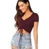 imageVerdusa Womens Ruched Drawstring Front V Neck Crop Tee TopMaroon
