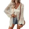 imageVerdusa Womens Tie Front Long Sleeve Hollow Out Sheer Kimono Cardigan Cover UpBeige