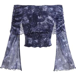 imageVerdusa Womens 70s Off The Shoulder Renaissance Tops Bell Flared Sleeve Floral Fairycore Mesh Crop TopsBlue