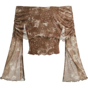 imageVerdusa Womens 70s Off The Shoulder Renaissance Tops Bell Flared Sleeve Floral Fairycore Mesh Crop TopsBrown Floral