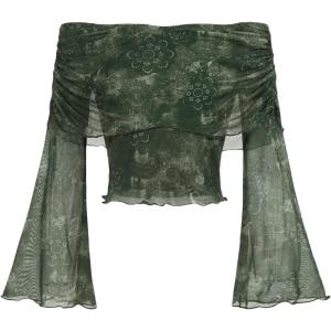 imageVerdusa Womens 70s Off The Shoulder Renaissance Tops Bell Flared Sleeve Floral Fairycore Mesh Crop TopsDark Green